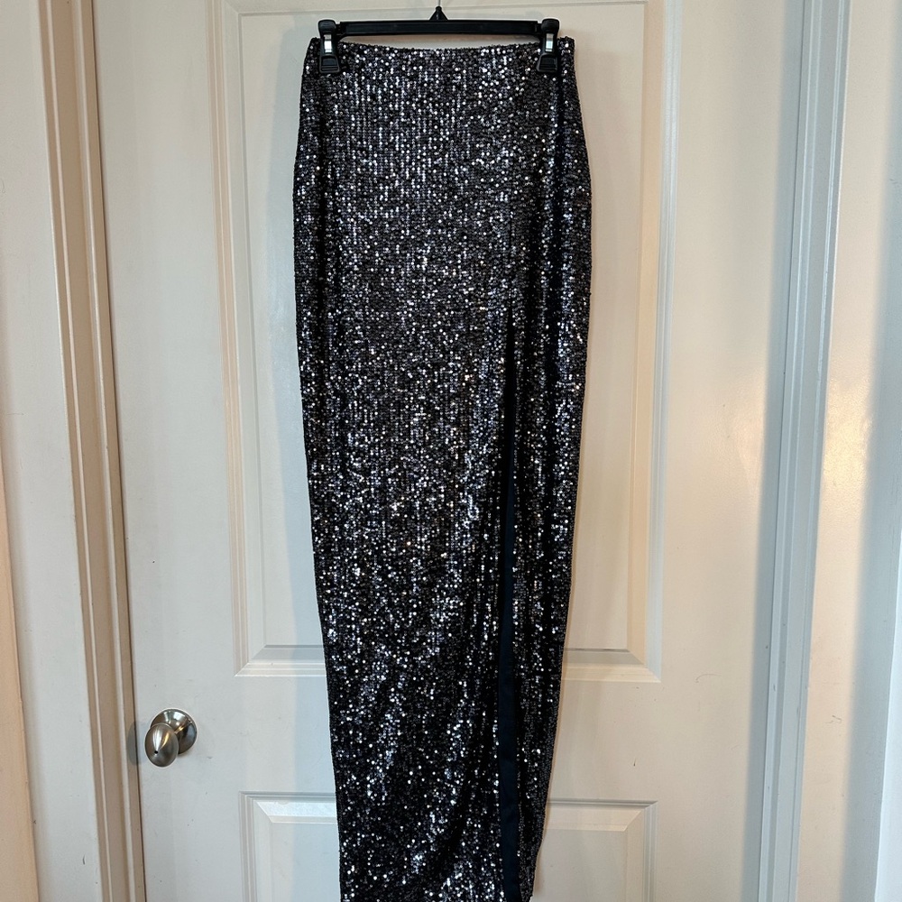 SHOWPO. Black Sequin Glittery Black Maxi Deep Side Slit Maxi Dress, Size 4